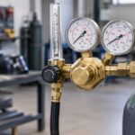 Regulador de gas para soldadura con manometros y caudalimetro en un taller industrial.