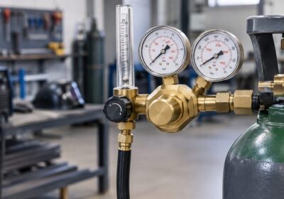 Regulador de gas para soldadura con manometros y caudalimetro en un taller industrial.