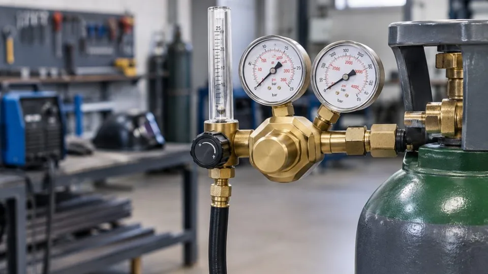 Regulador de gas para soldadura con manometros y caudalimetro en un taller industrial.
